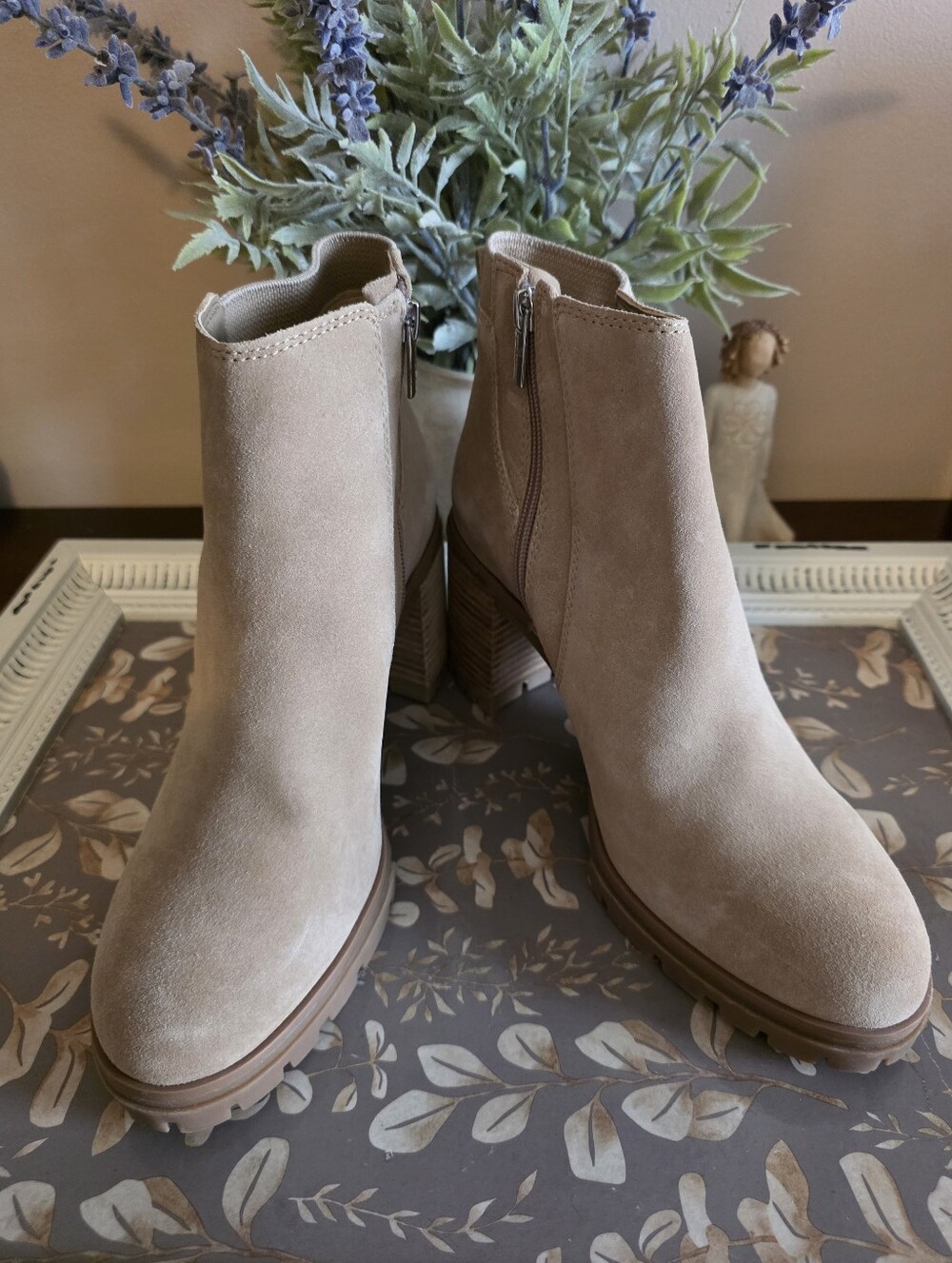 Vince Camuto Women's Taupe Suede Ankle Boots - Side Zip Block Heel